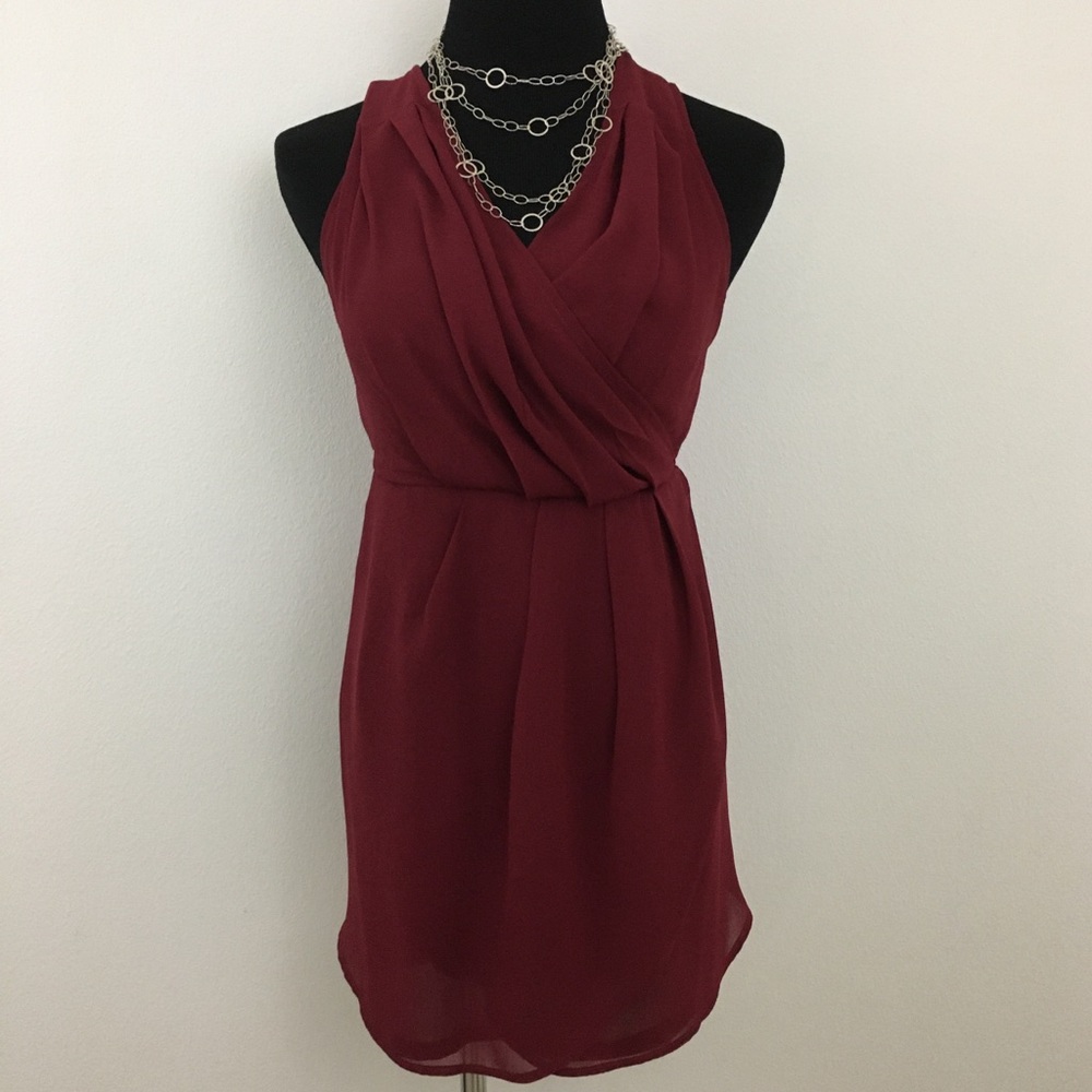🔴 Foreign Exchange | Faux Wrap w/ Criss Cross Back Burgundy Dress